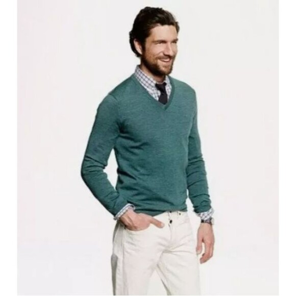 J‎ Crew Mens Sweater 100% Merino Wool V Neck Pullover Emerald Green Medium - Picture 1 of 9